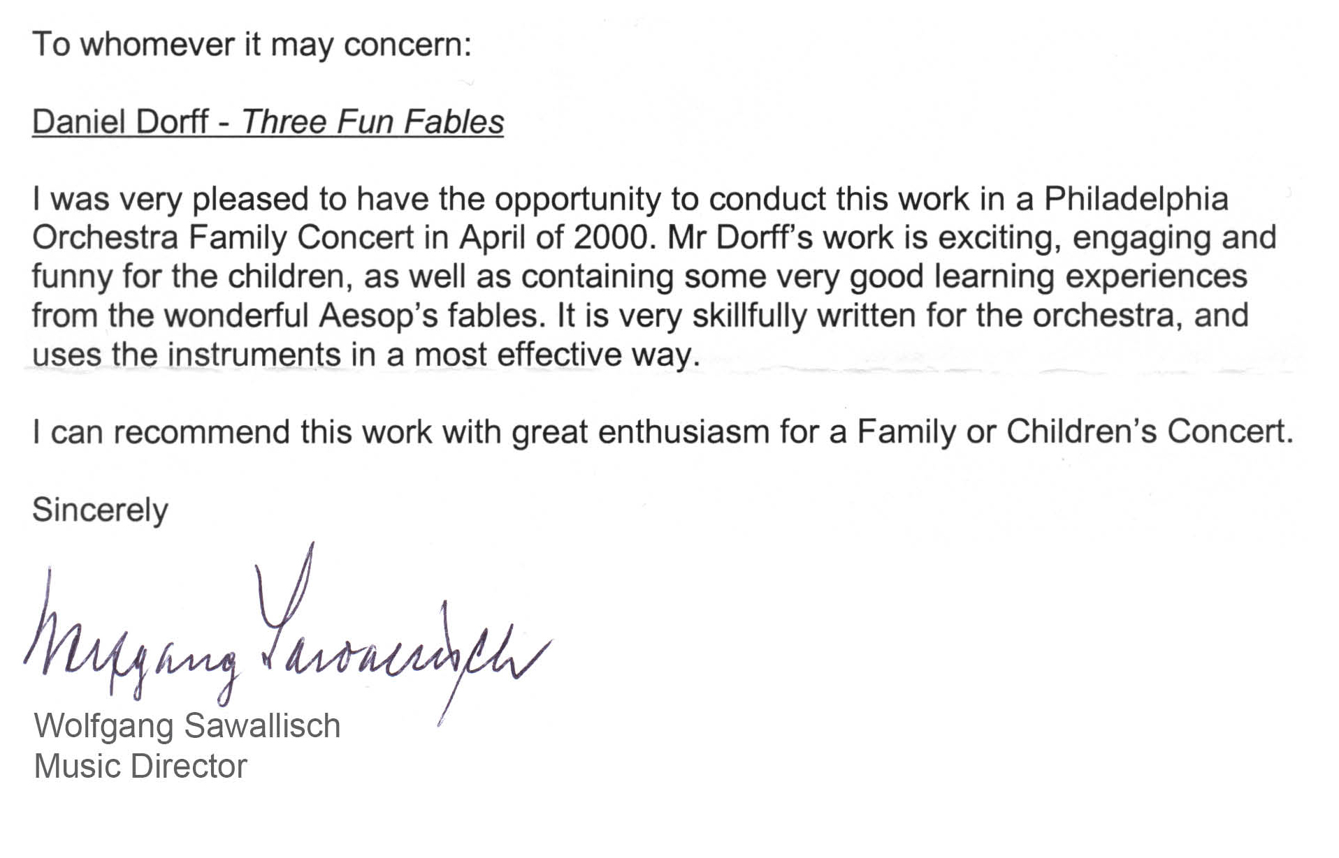 letter from Wolfgang Sawallisch